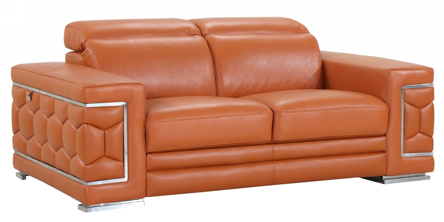 71" Camel And Silver Genuine Leather Love Seat