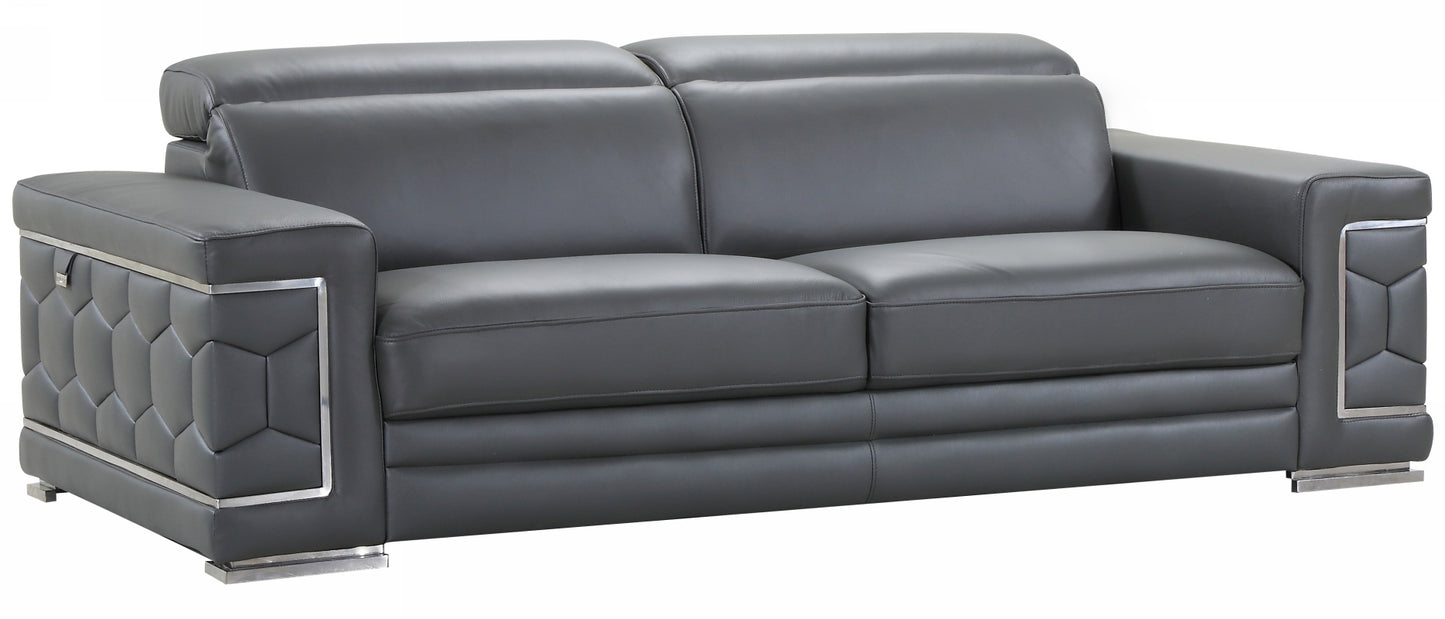 89" Dark Gray Italian Leather Sofa With Silver Legs