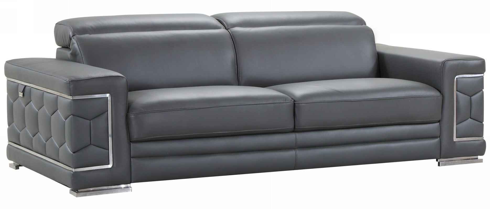 89" Dark Gray Italian Leather Sofa With Silver Legs
