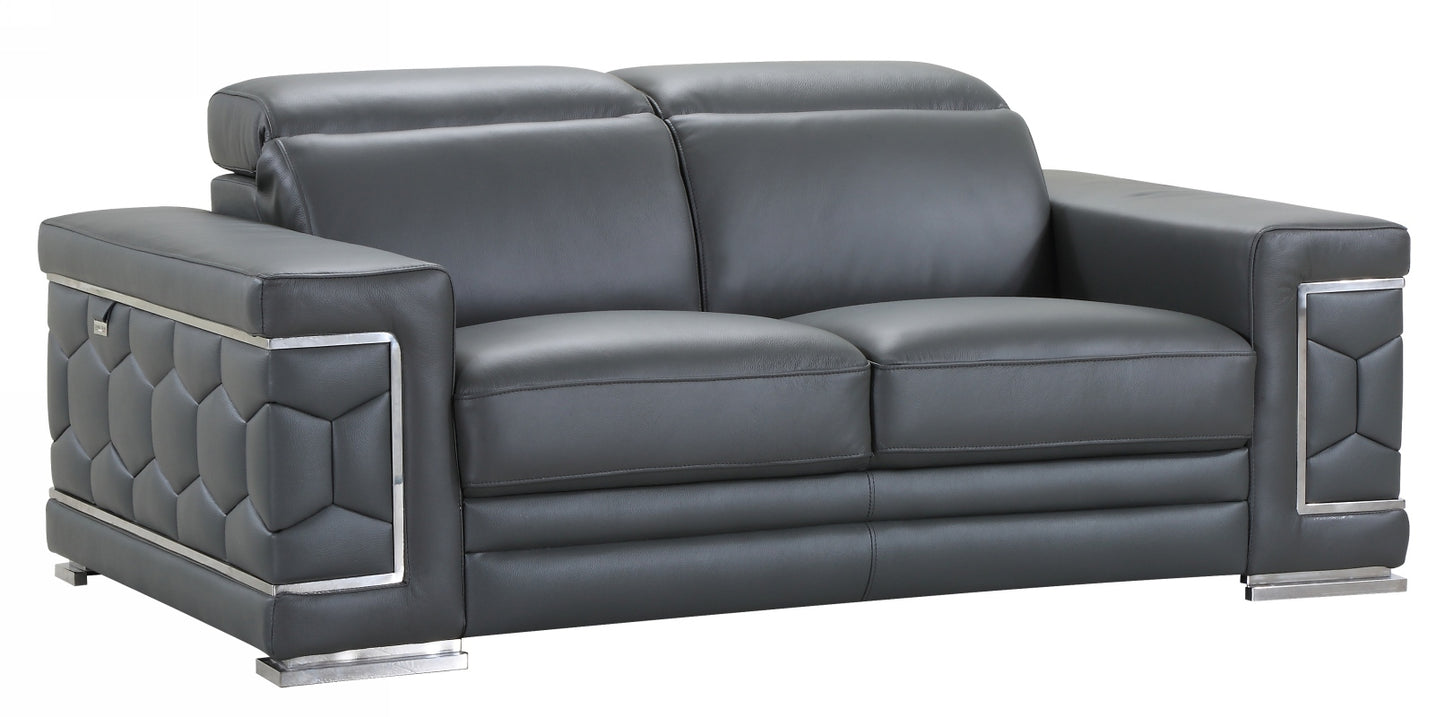 71" Gray And Silver Genuine Leather Love Seat