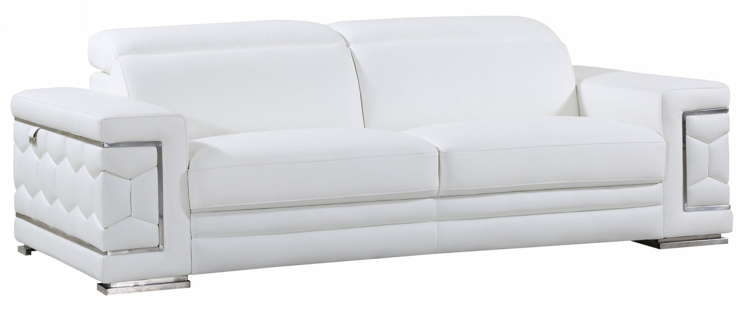 89" White Italian Leather Sofa With Silver Legs