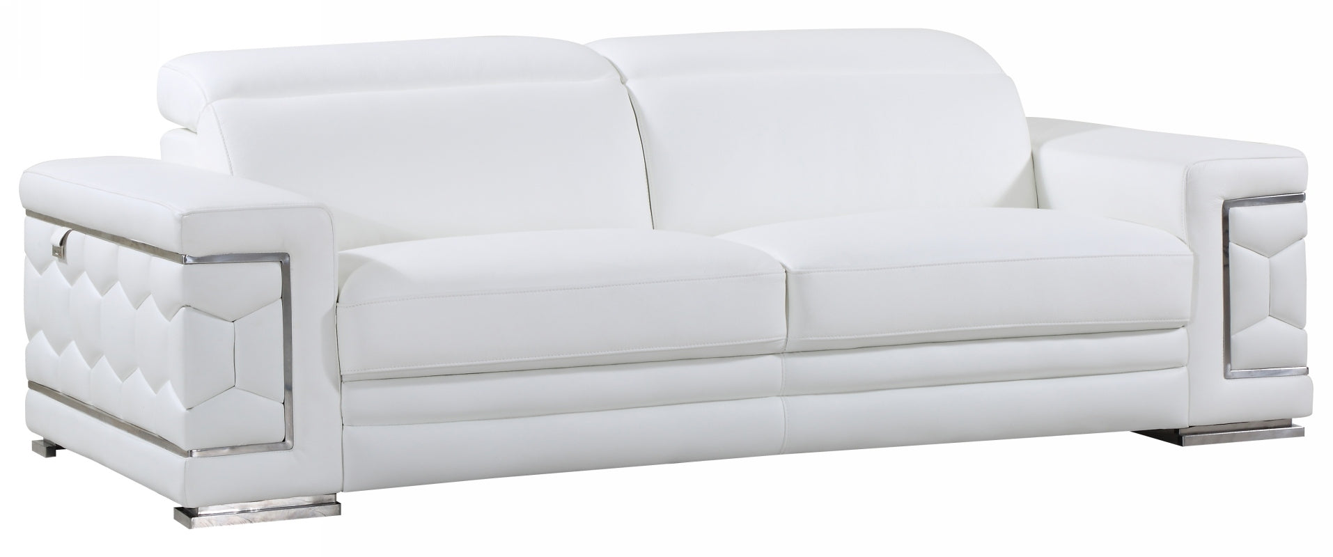 89" White Italian Leather Sofa With Silver Legs