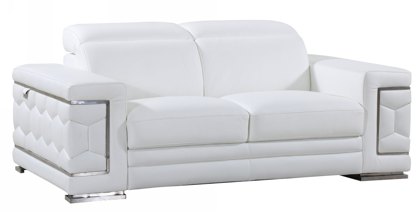 71" White Italian Leather Sofa With Silver Legs