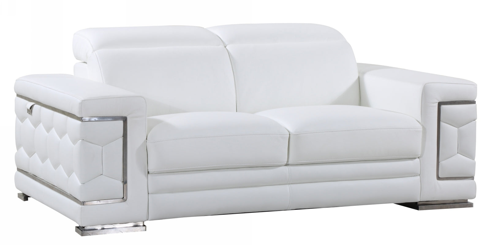 71" White Italian Leather Sofa With Silver Legs
