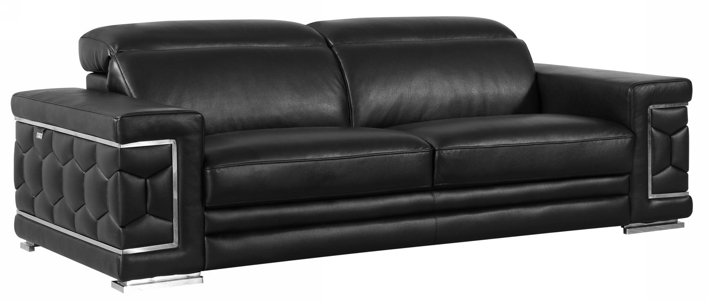 89" Black Italian Leather Sofa With Silver Legs