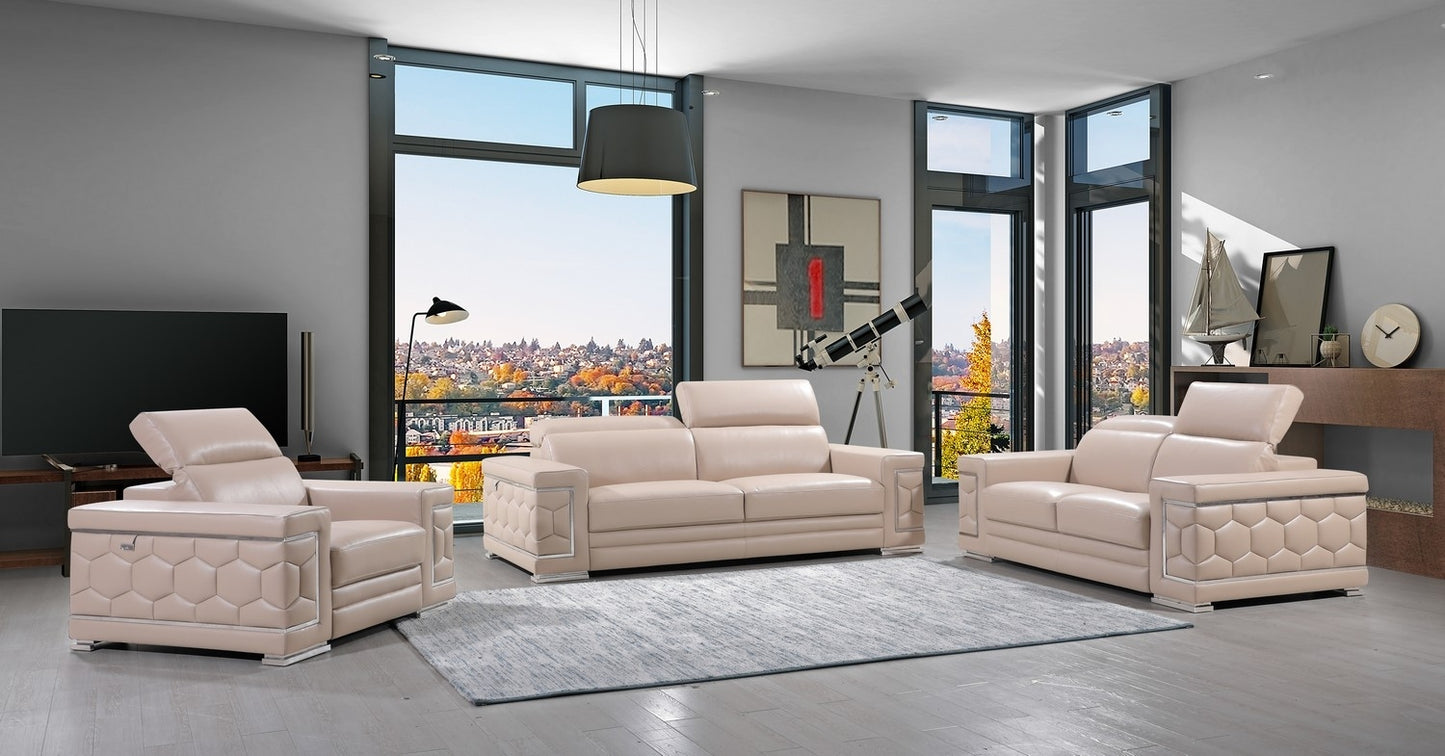 Three Piece Indoor Beige Italian Leather Six Person Seating Set