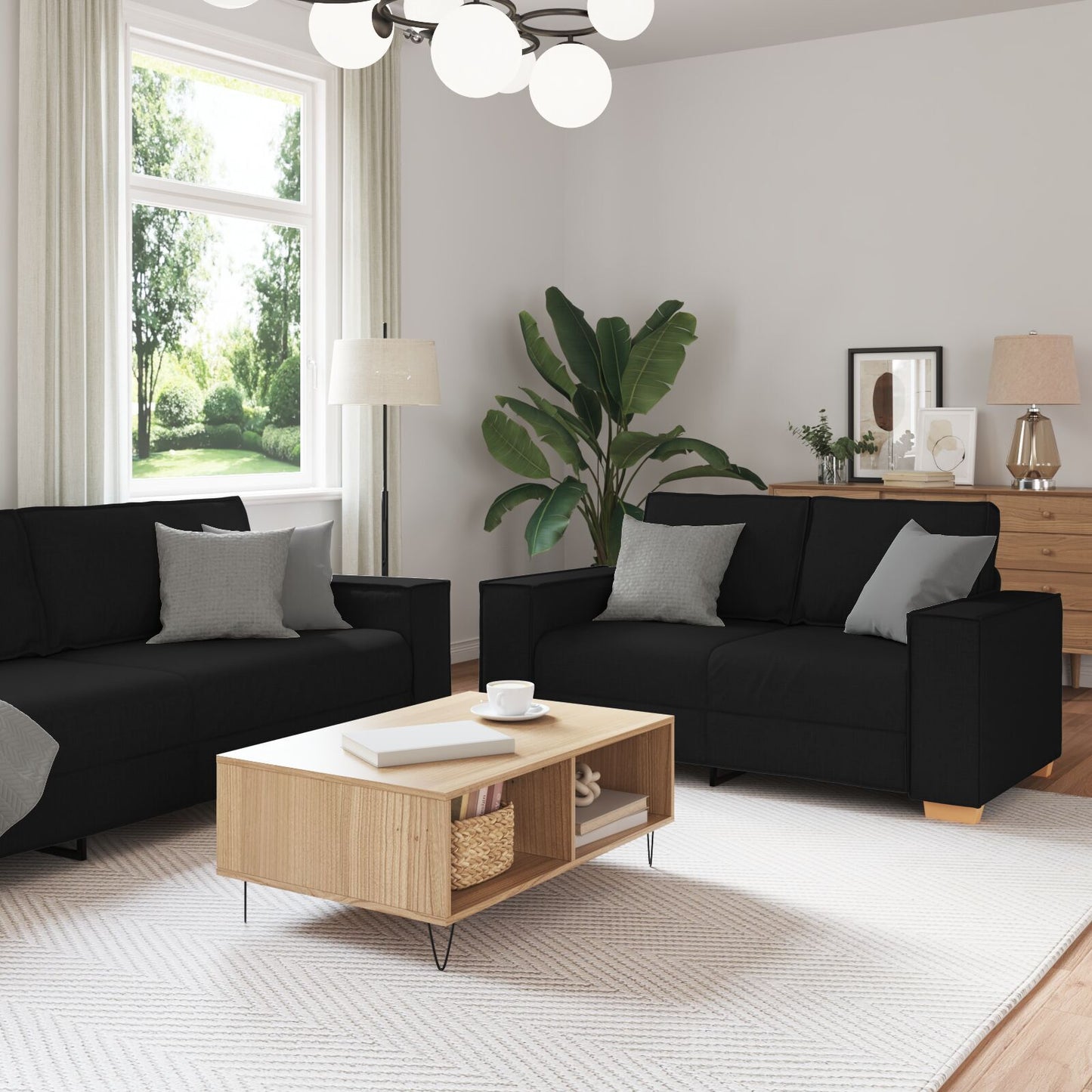 Sofa 3 pcs Black Linen-blend Fabric