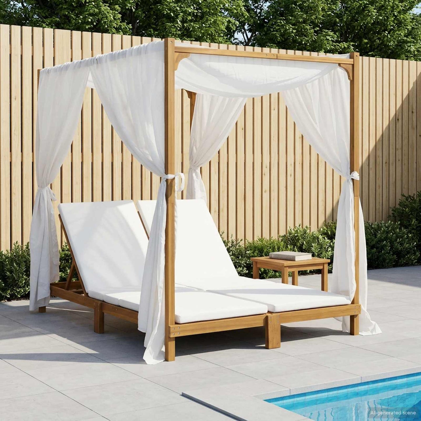 Double Sun Lounger with Canopy and Curtains Solid Acacia Wood