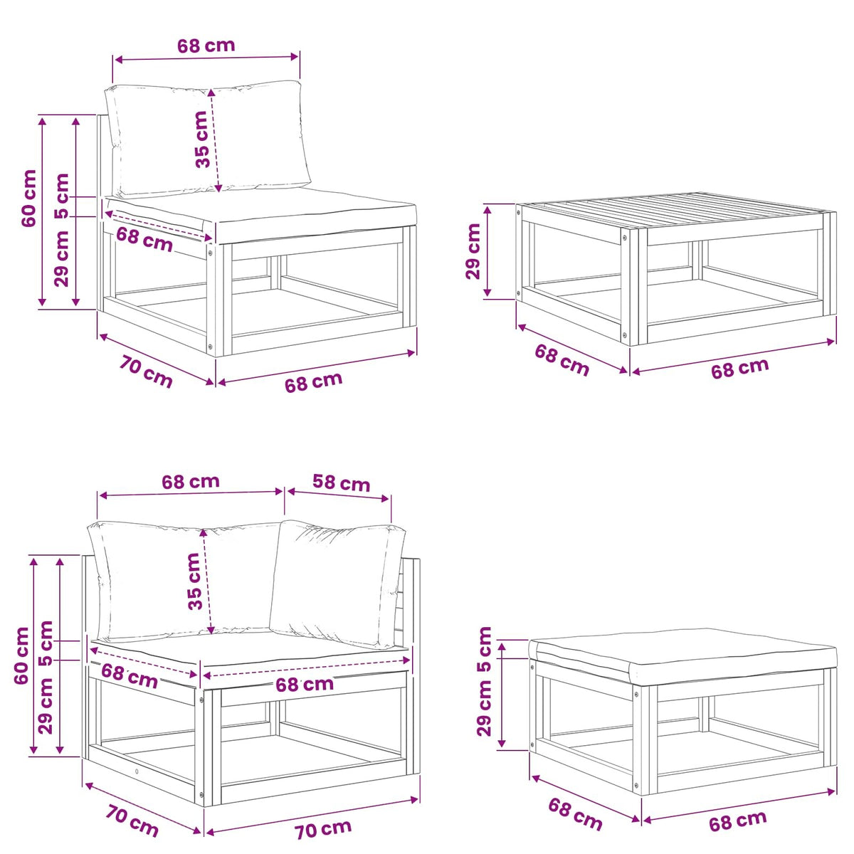 Sofa Set 6 pcs Natural Solid Acacia Wood