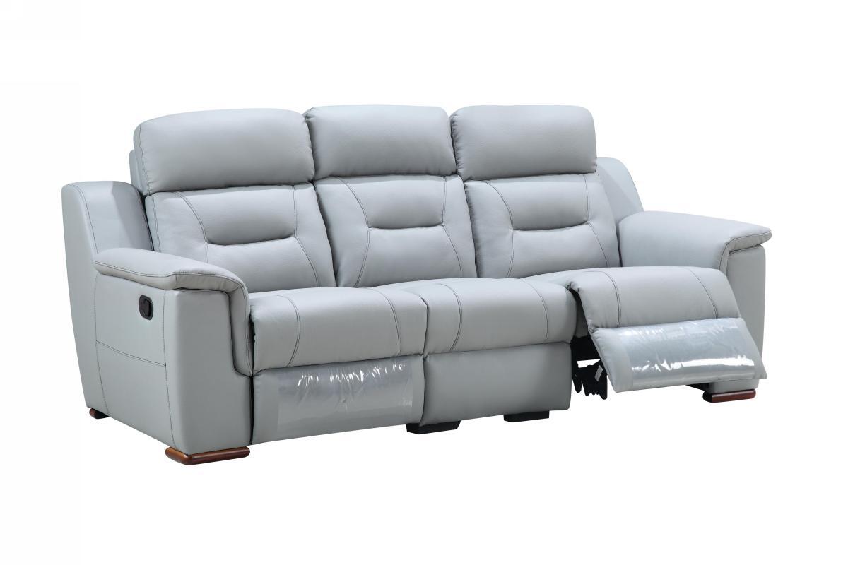 90" Gray Faux Leather Reclining Sofa With Brown Legs