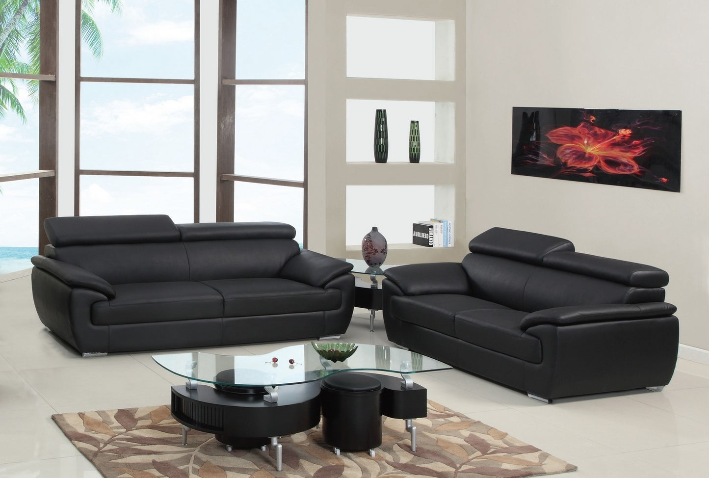 Two Piece Indoor Black Genuine Leather Five Person Seating Set