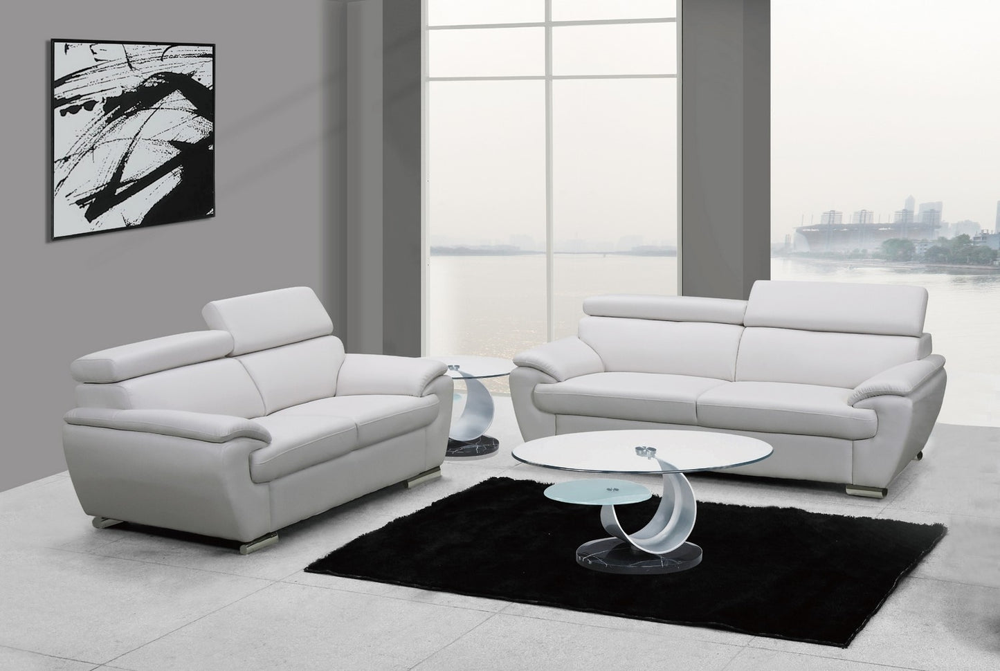 Two Piece Indoor White Genuine Leather Five Person Seating Set