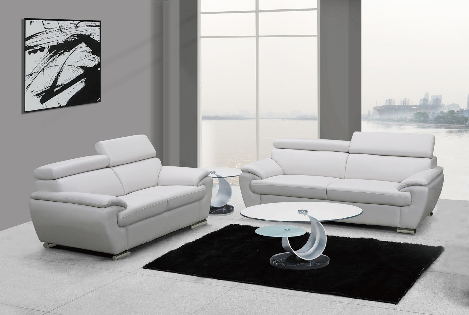 Two Piece Indoor White Genuine Leather Five Person Seating Set