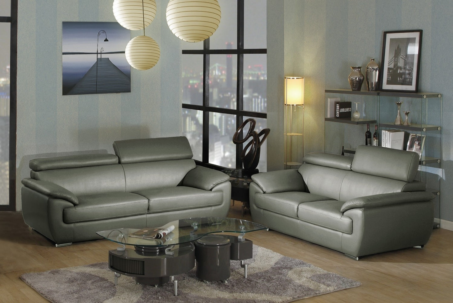 Two Piece Indoor Gray Genuine Leather Five Person Seating Set