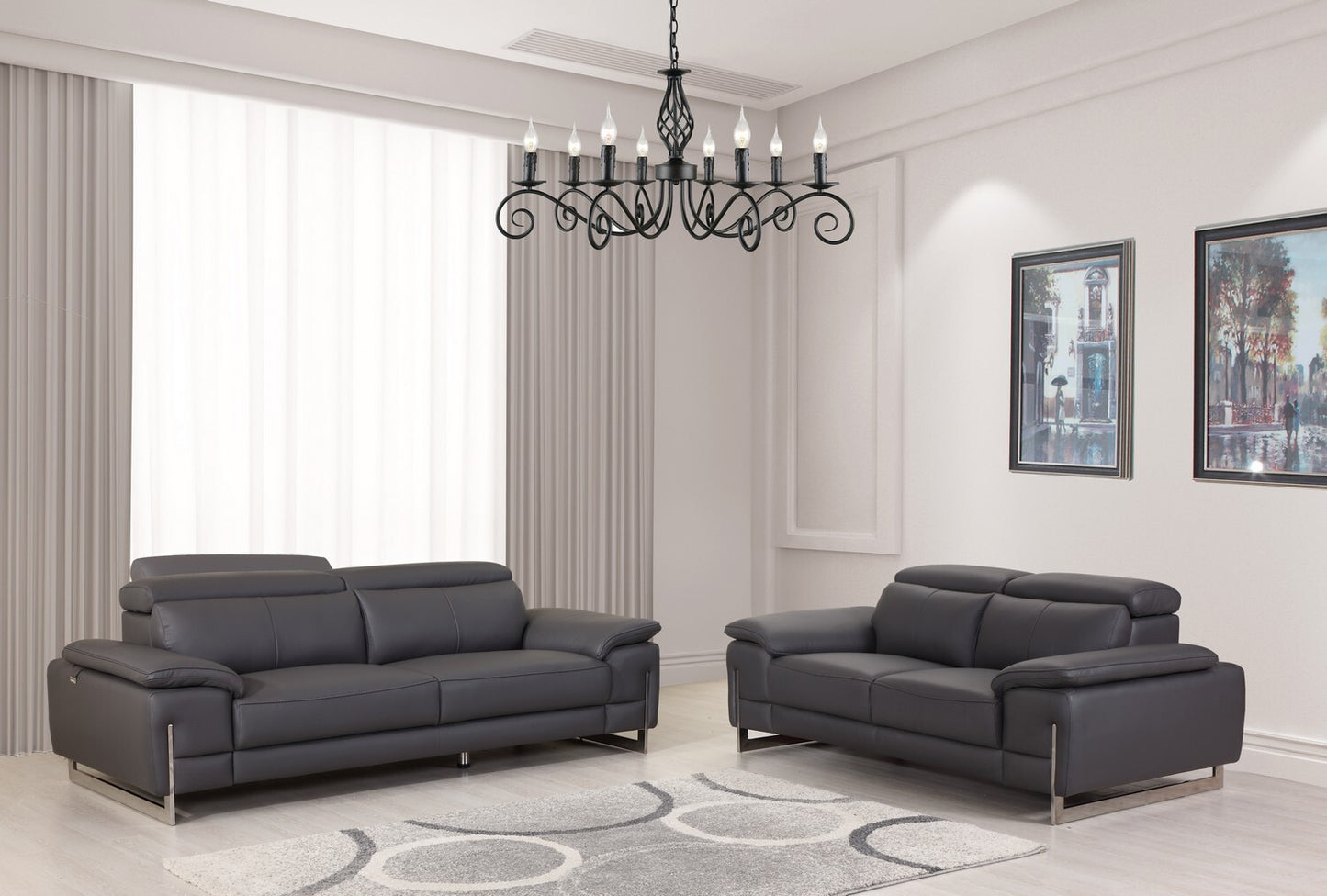 Two Piece Indoor Dark Gray Italian Leather Five Person Seating Set