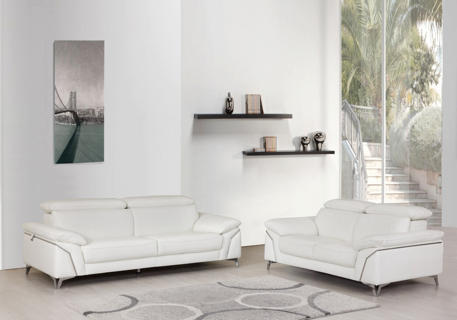 Two Piece Indoor White Italian Leather Five Person Seating Set