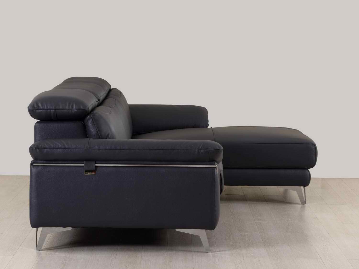 Navy Blue Italian Leather L Shaped Two Piece Sofa and Chaise Sectional
