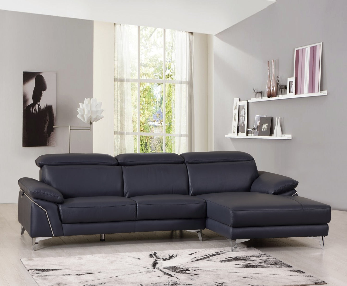 Navy Blue Italian Leather L Shaped Two Piece Sofa and Chaise Sectional