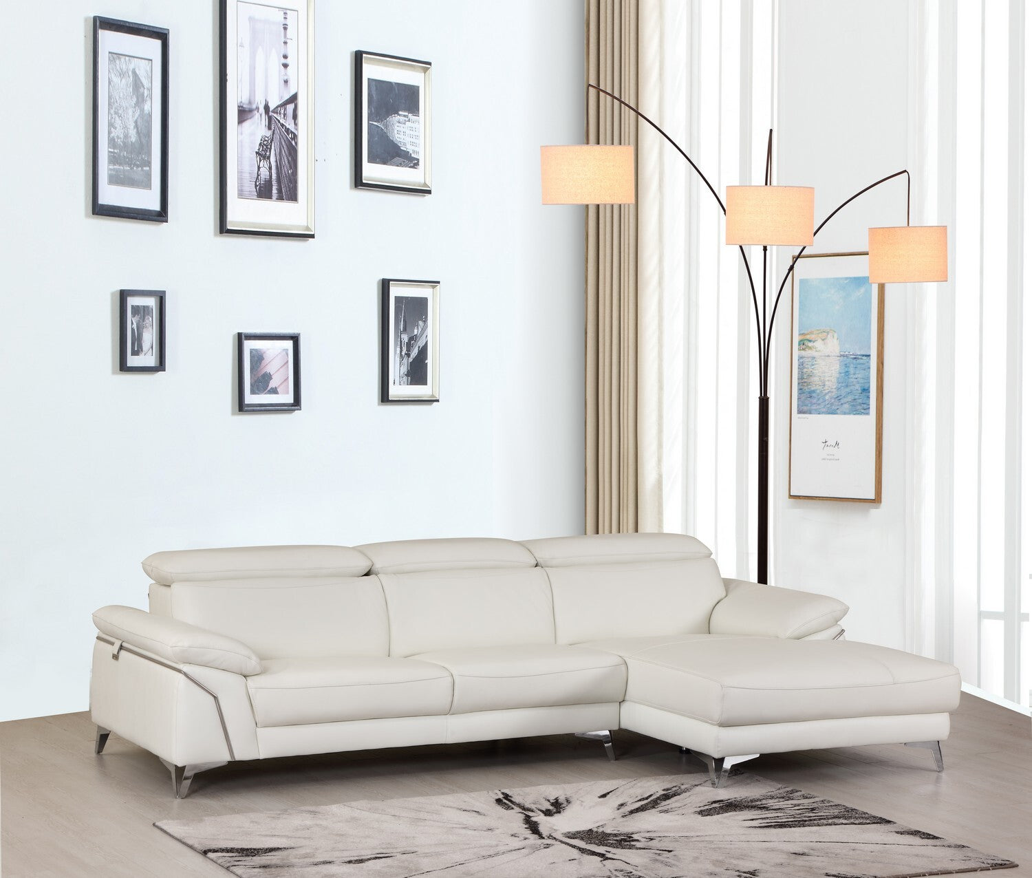 White Italian Leather L Shaped Two Piece Sofa and Chaise Sectional