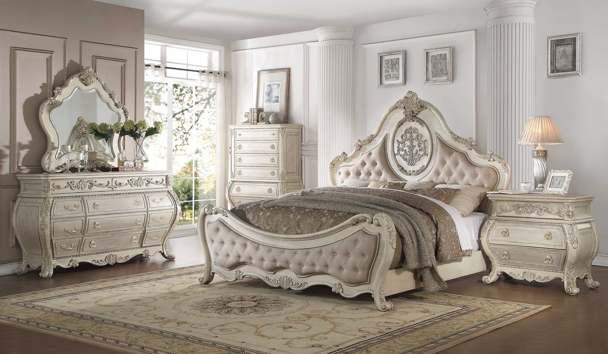 Antiqued White Solid Wood Tufted Upholstered Linen Bed Frame