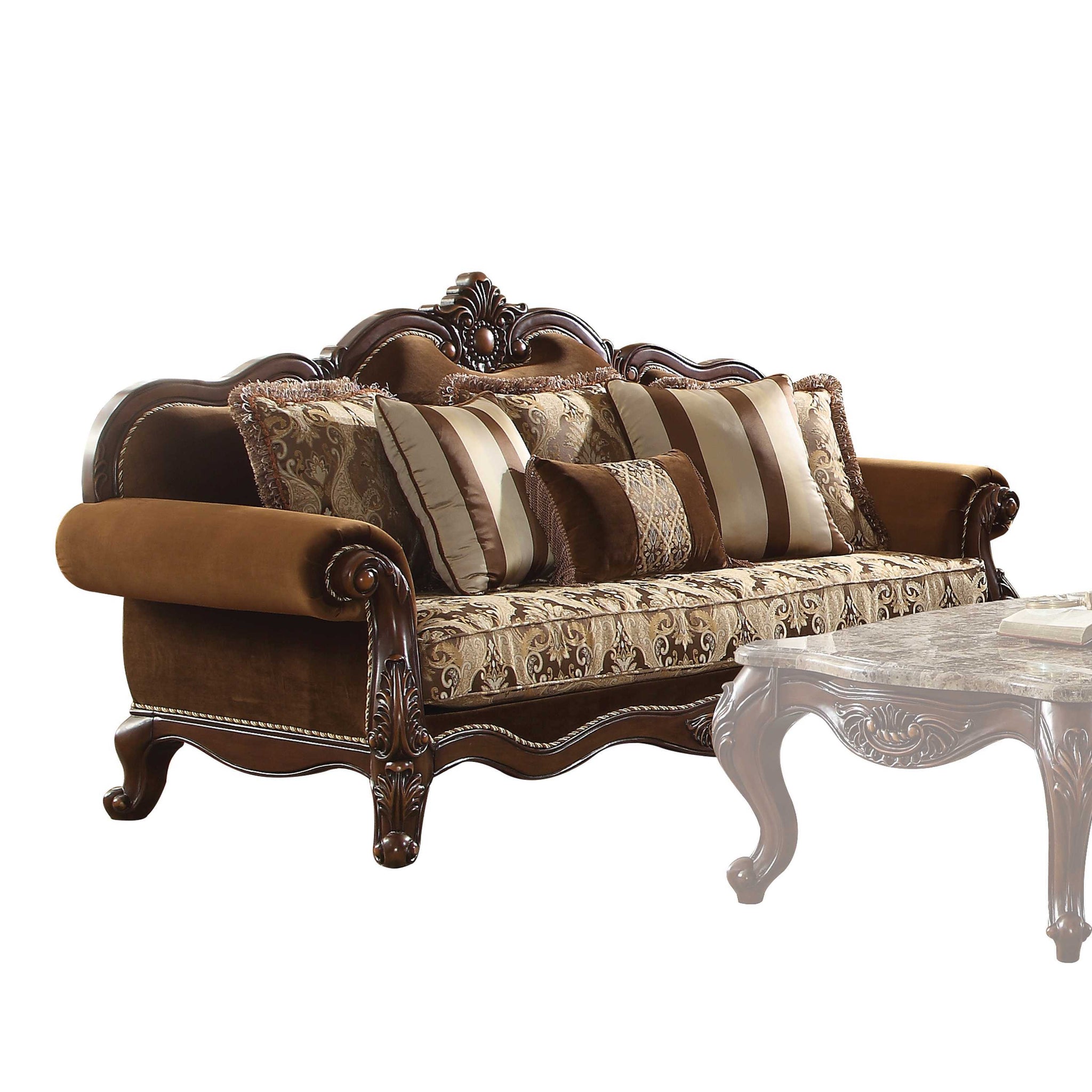 37" Oak Velvet Floral Sofa And Toss Pillows With Espresso Legs