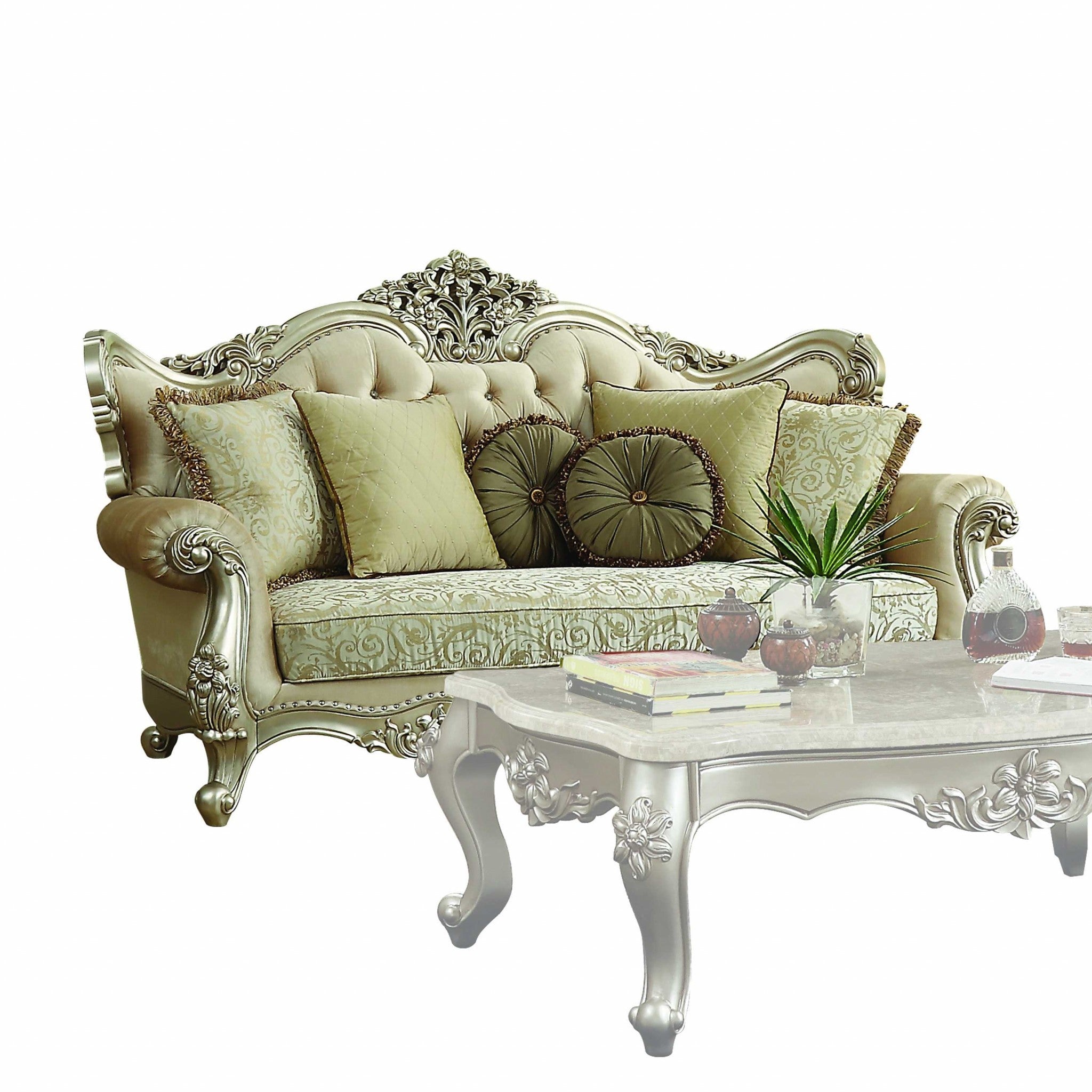 88" Champagne Velvet Curved Floral Sofa And Toss Pillows