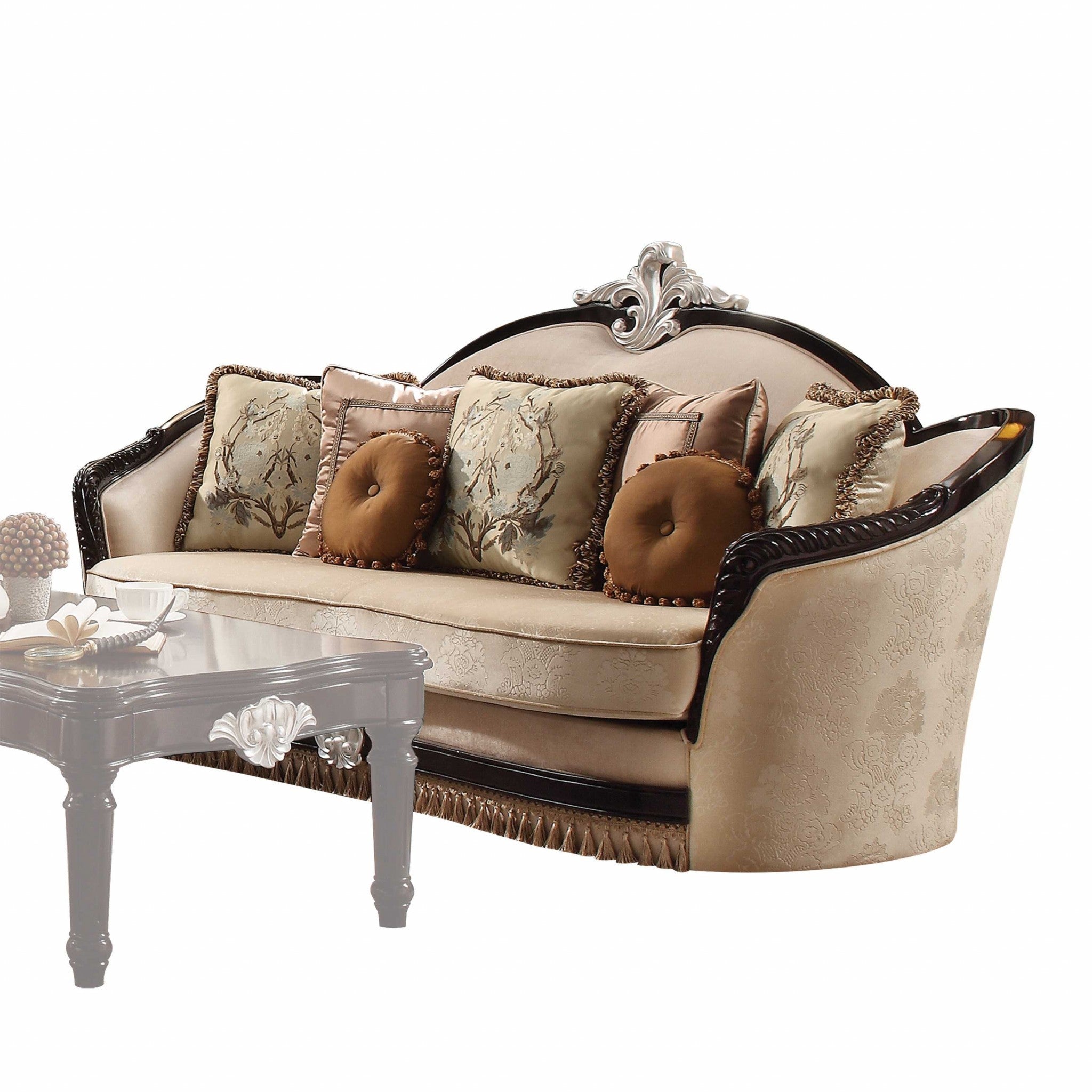 41" Tan Velvet Curved Sofa And Toss Pillows