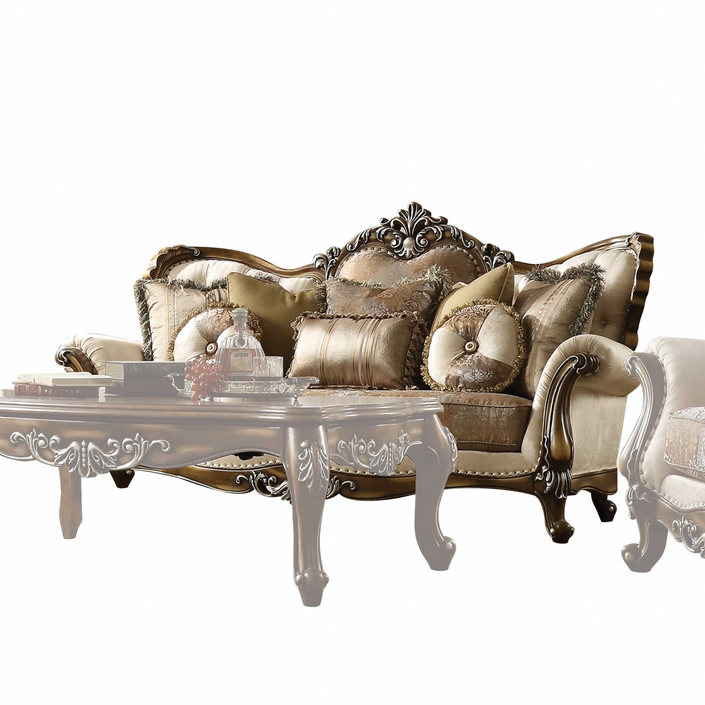 89" Tan Polyester Blend Curved Floral Sofa And Toss Pillows With Brown Legs