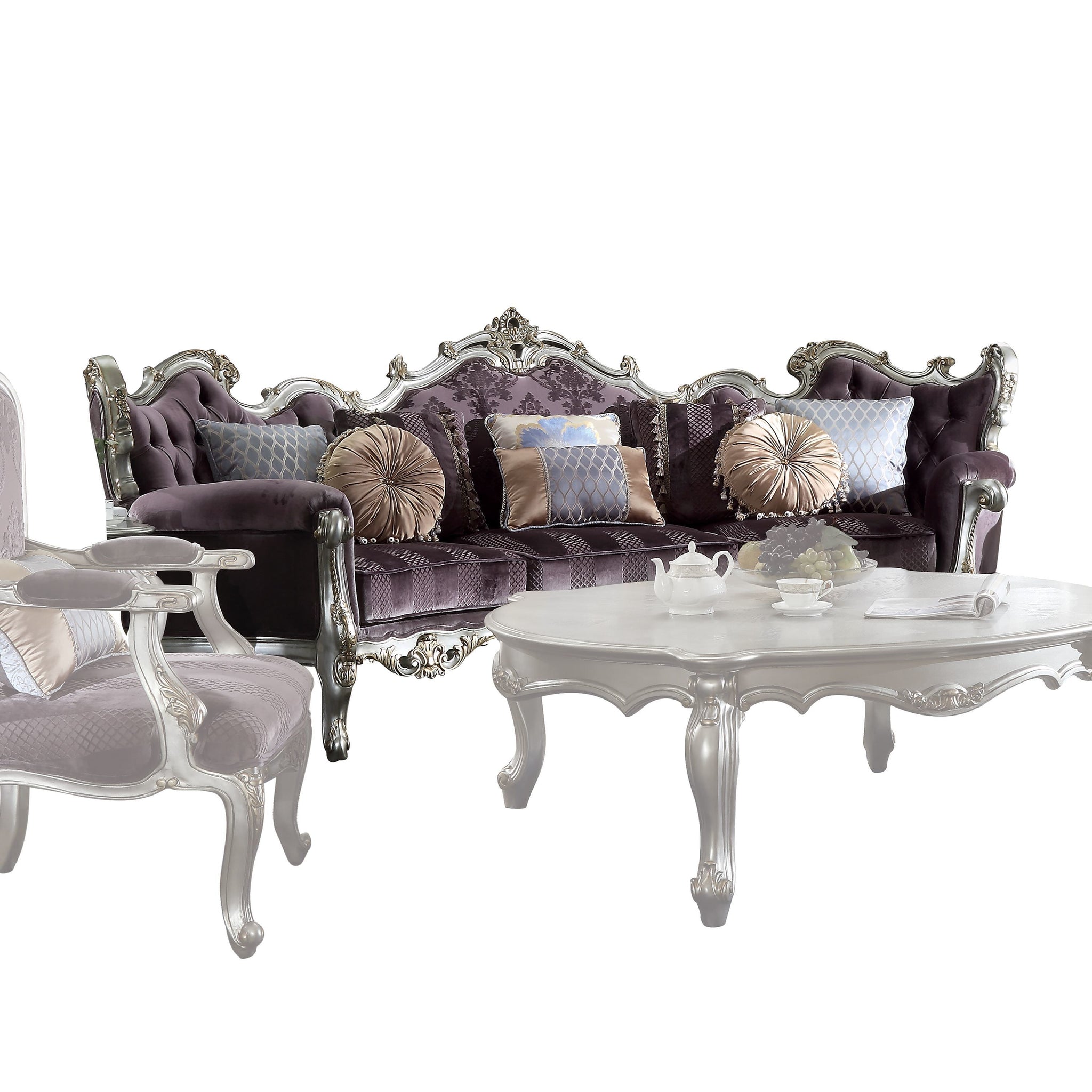 52" Dark Purple Velvet Curved Striped Sofa And Toss Pillows With Platinum Legs