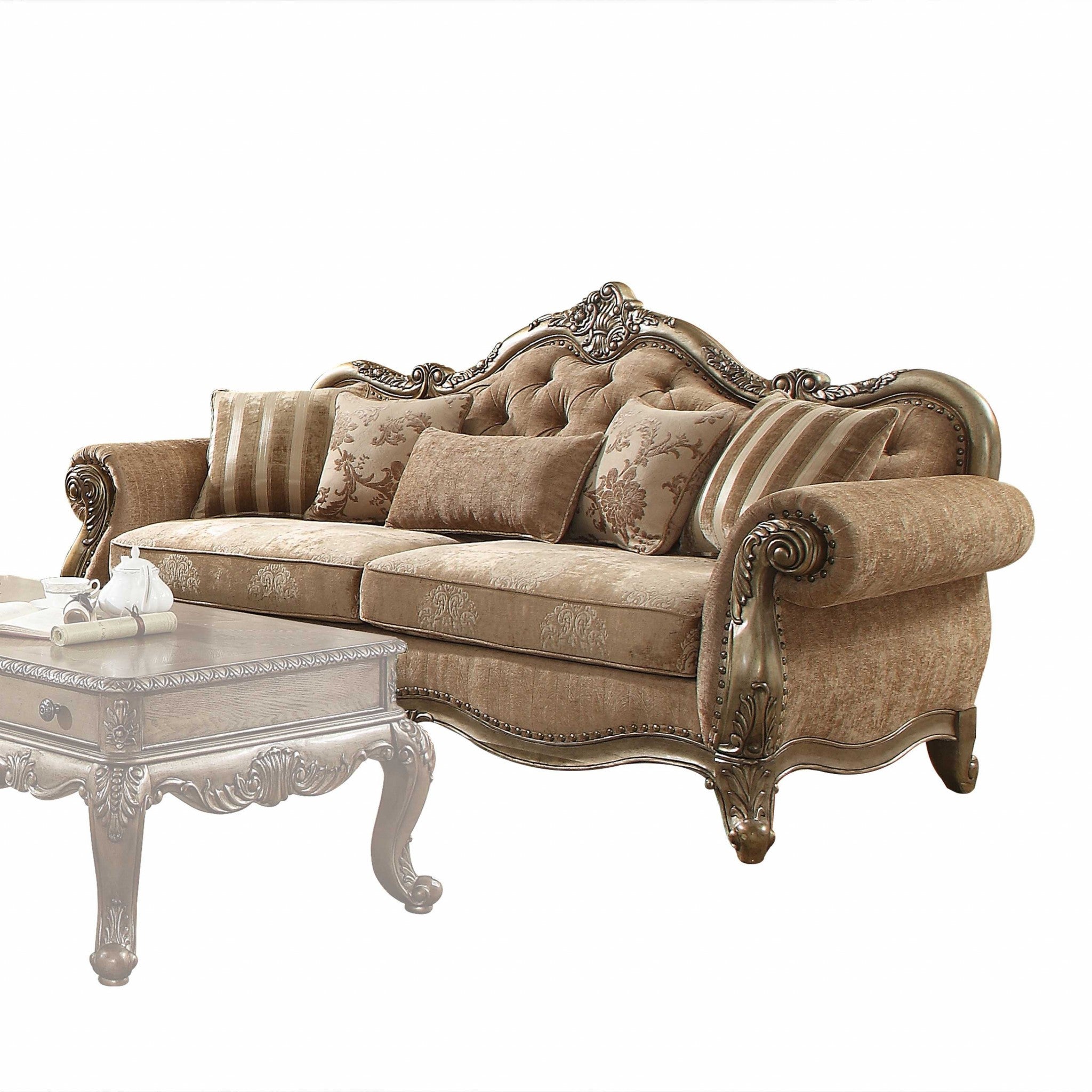 35" Brown Velvet Floral Sofa And Toss Pillows