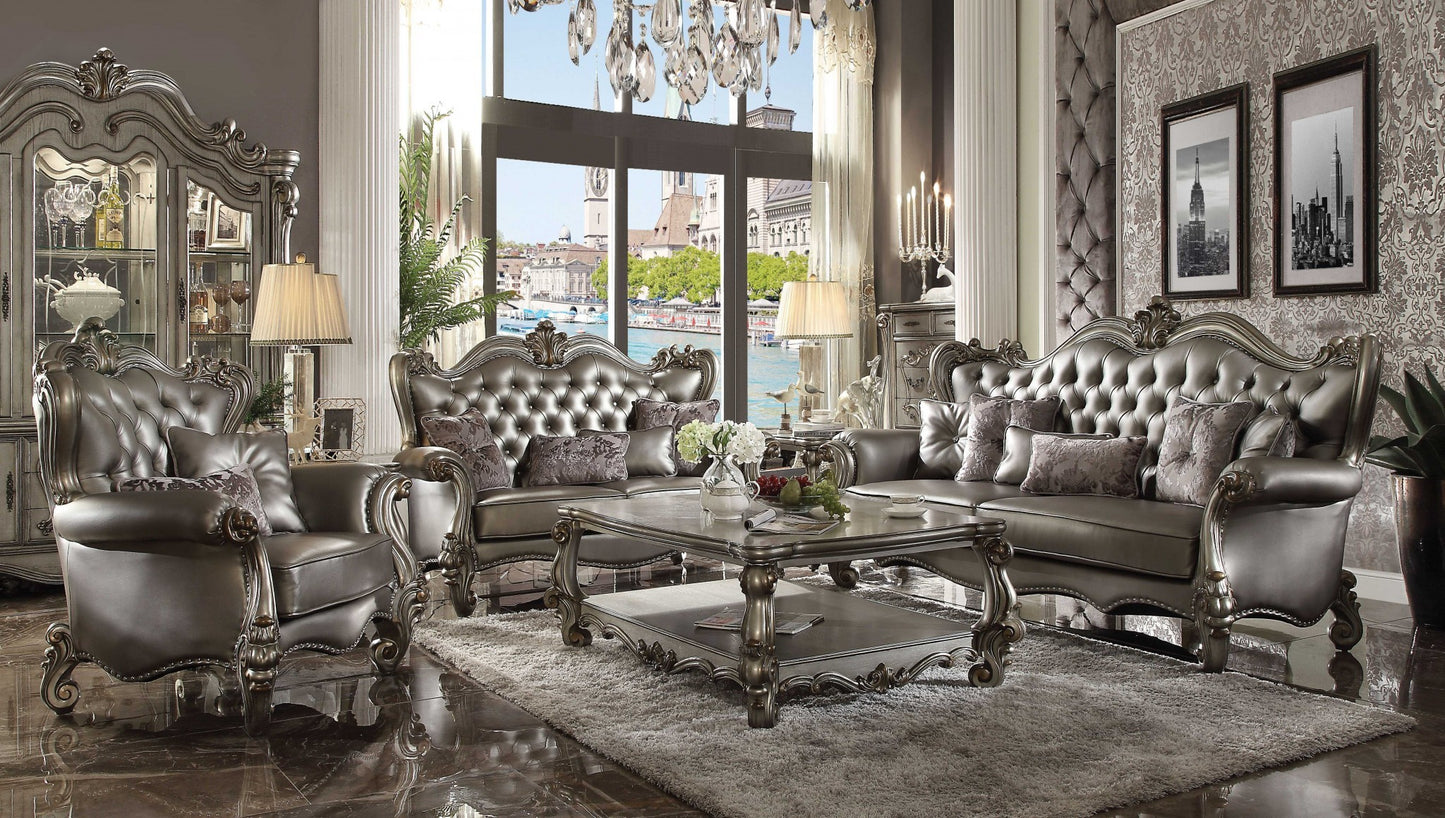 46" Platinum Faux Leather Curved Sofa And Toss Pillows