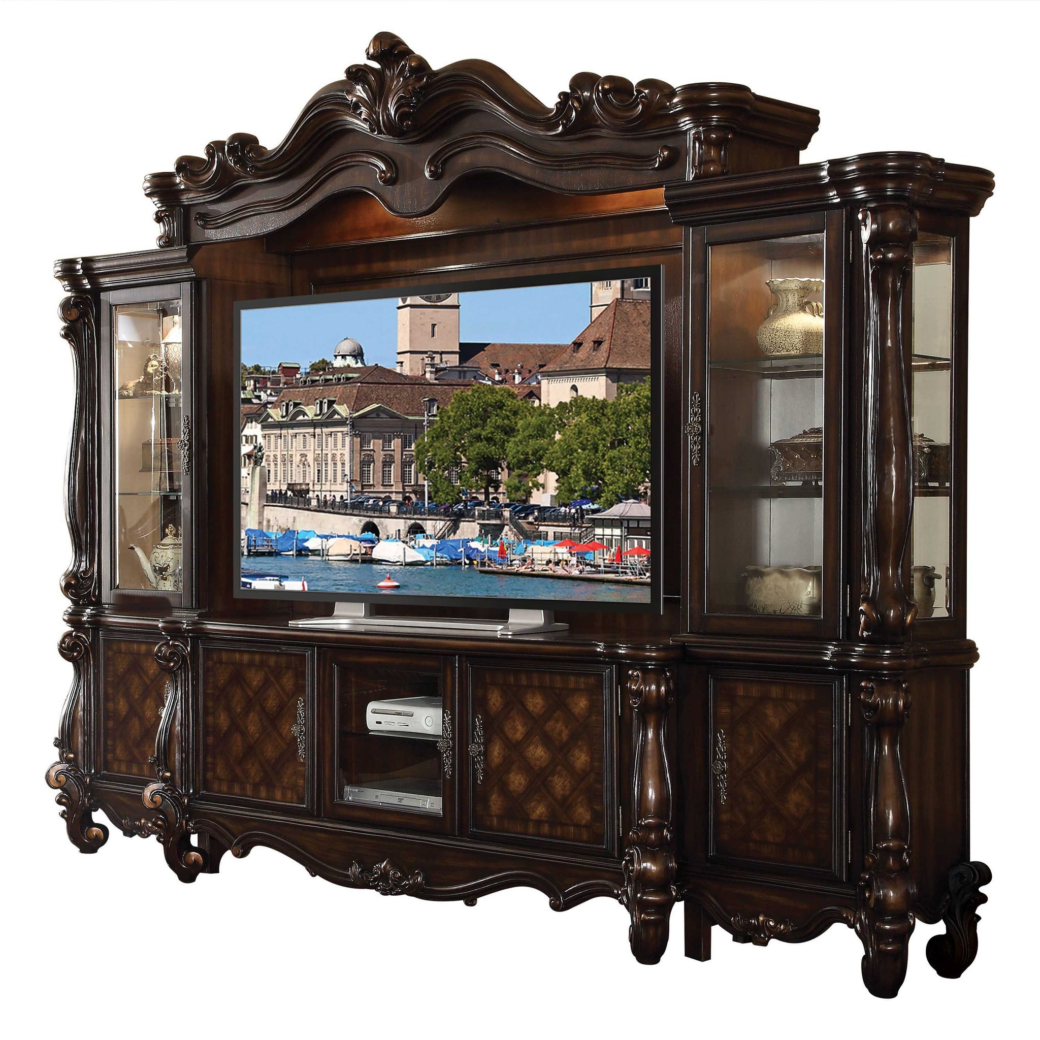 118" Dark Brown Solid Wood Cabinet Enclosed Storage Entertainment Center