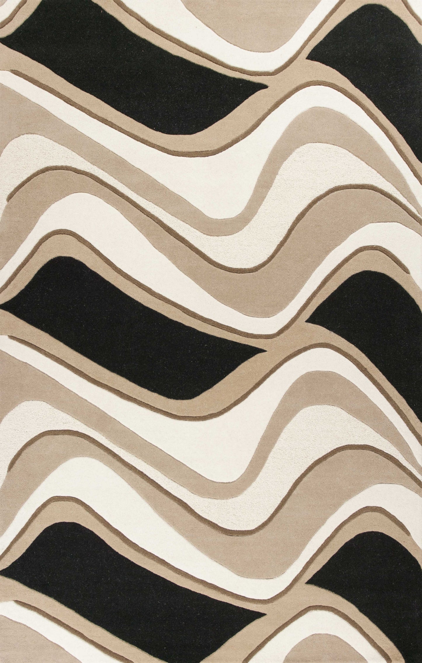 8' X 11' Black Beige Hand Tufted Abstract Waves Indoor Area Rug