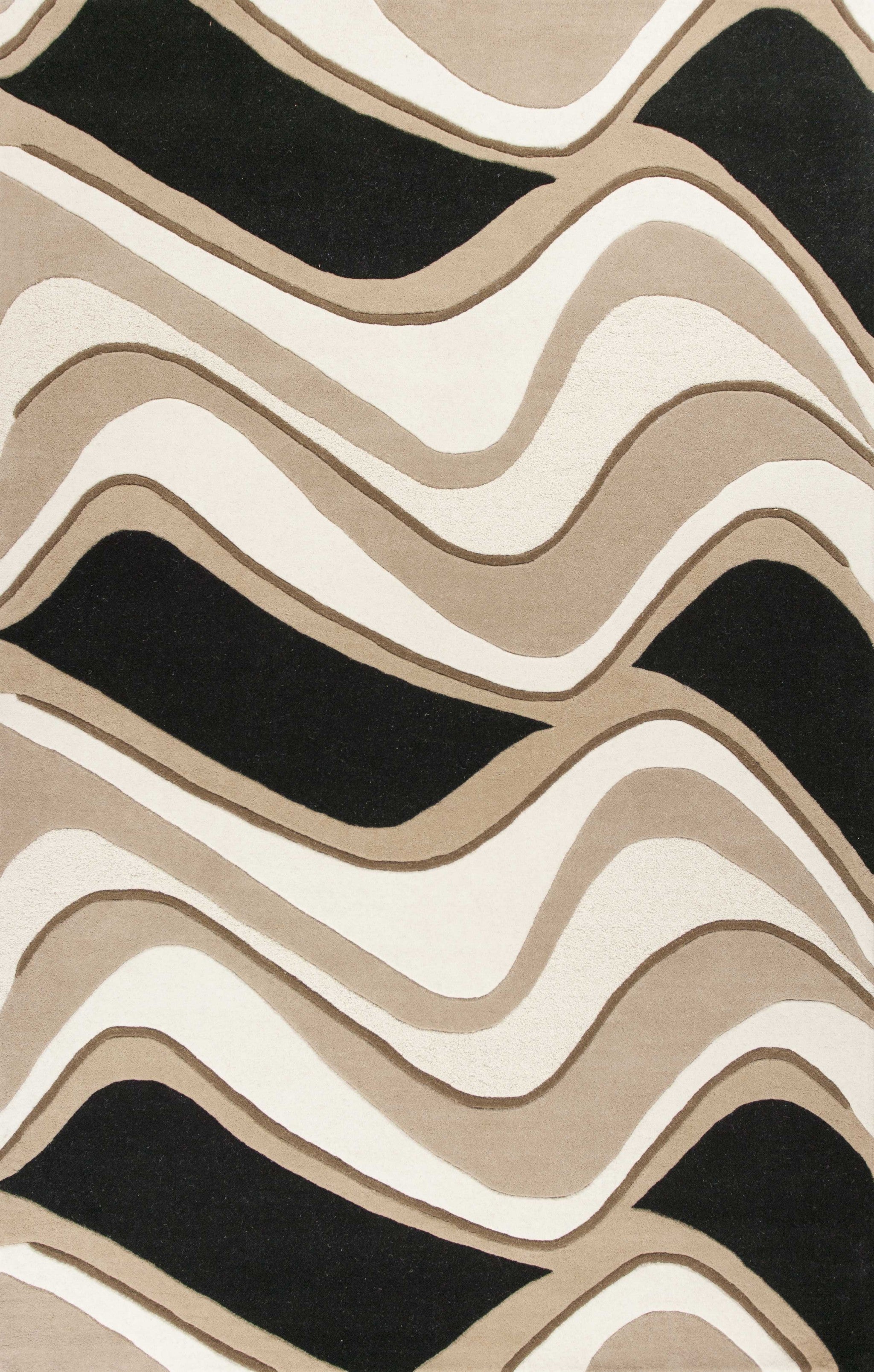 8' X 11' Black Beige Hand Tufted Abstract Waves Indoor Area Rug