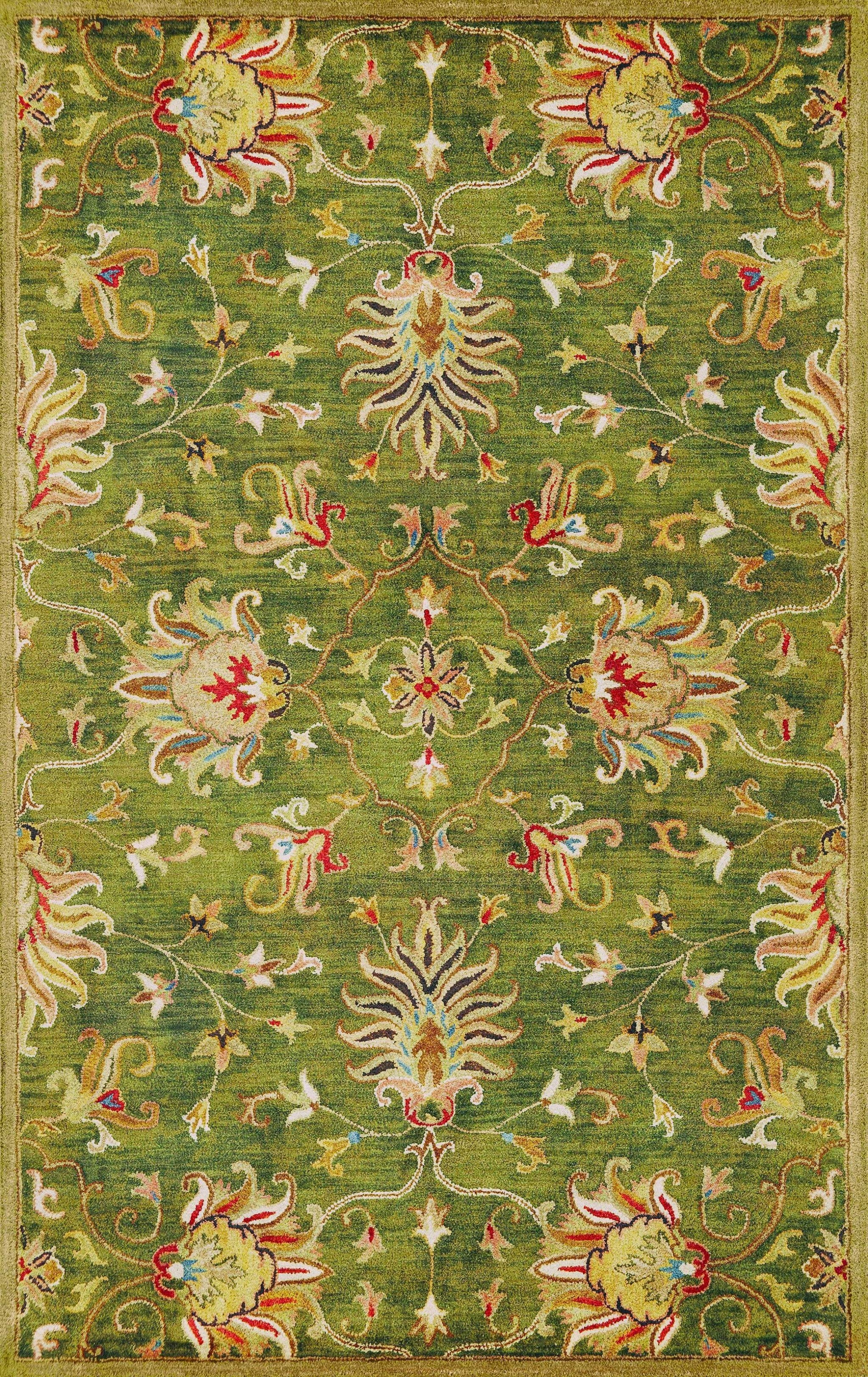 8' X 11' Green and Ivory Wool Floral Handmade Area Rug