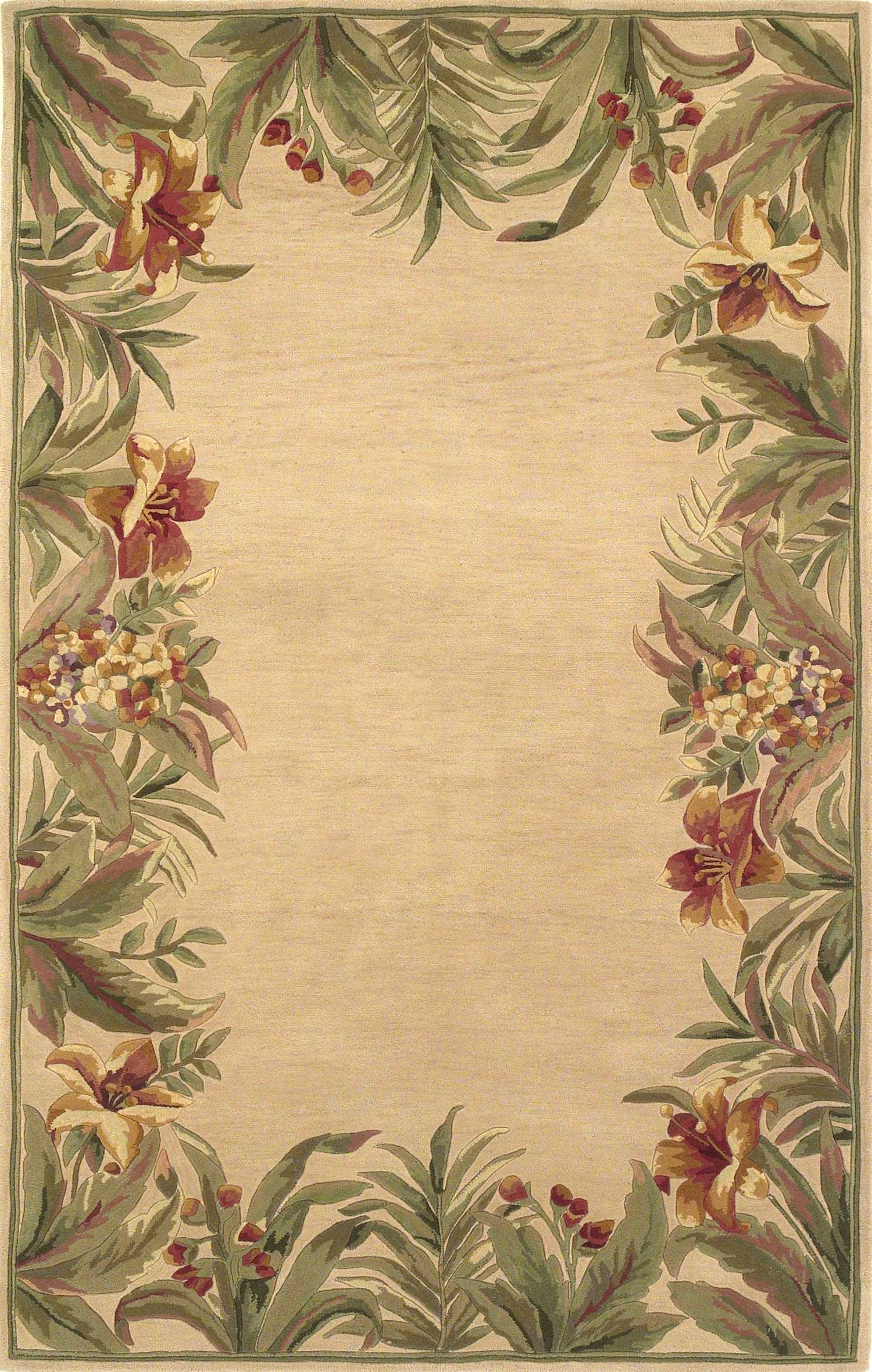 8' X 10' Ivory Hand Tufted Bordered Tropical Plants Indoor Area Rug