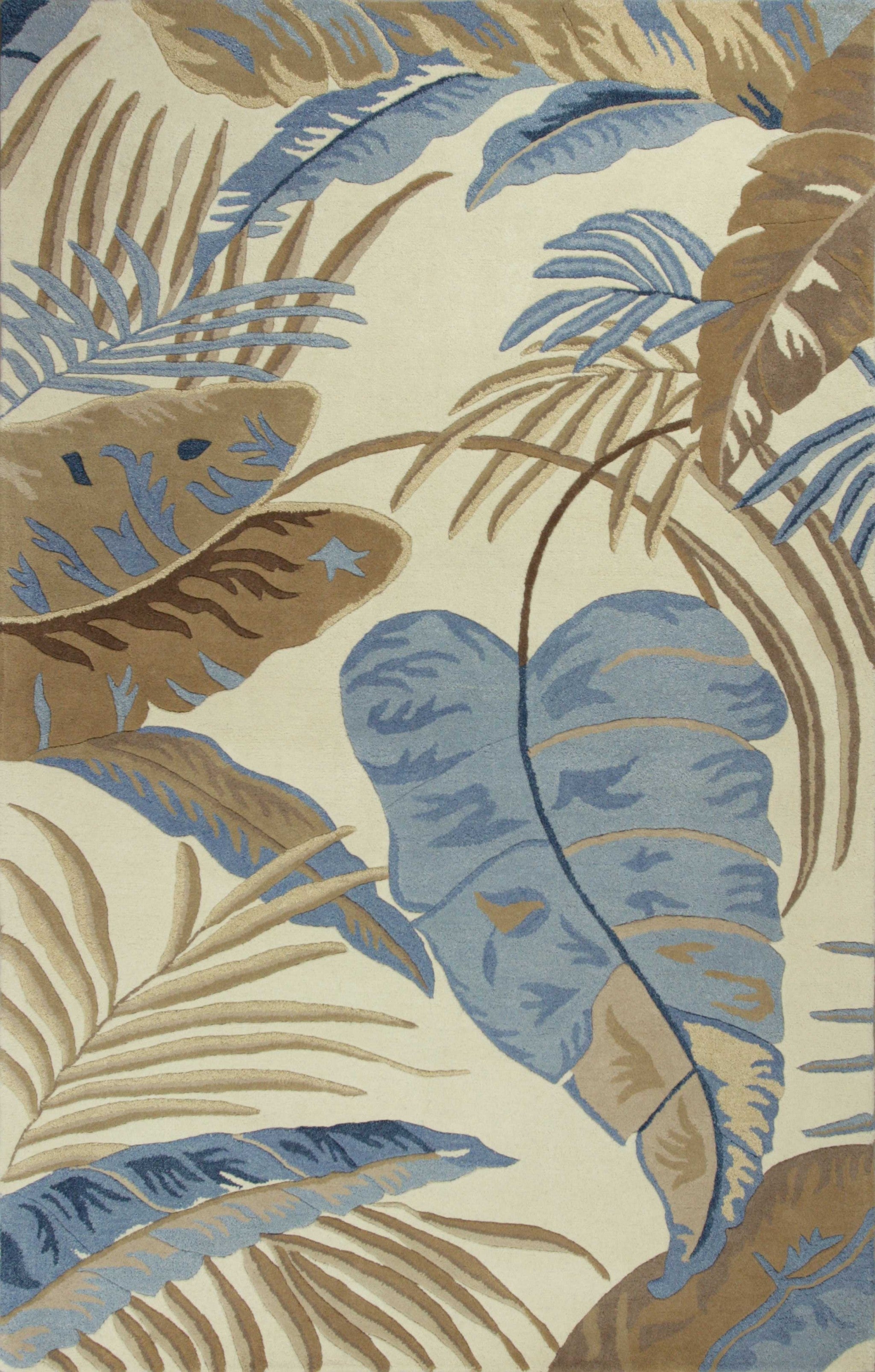 8' X 11' Ivory and Blue Wool Tropical Botanical Hand Tufted Area Rug