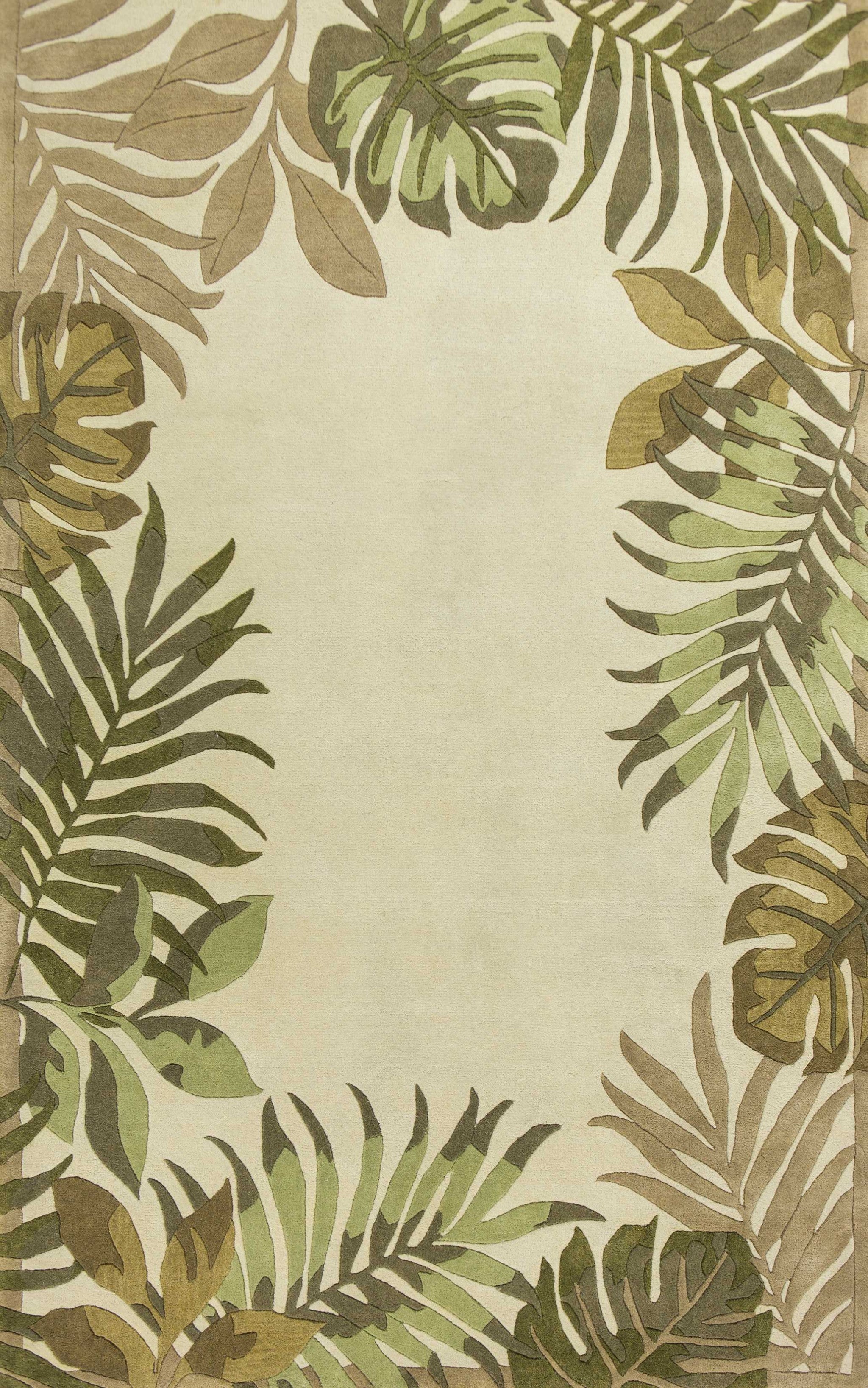 8' X 11' Ivory Hand Tufted Bordered Tropical Leaves Indoor Area Rug