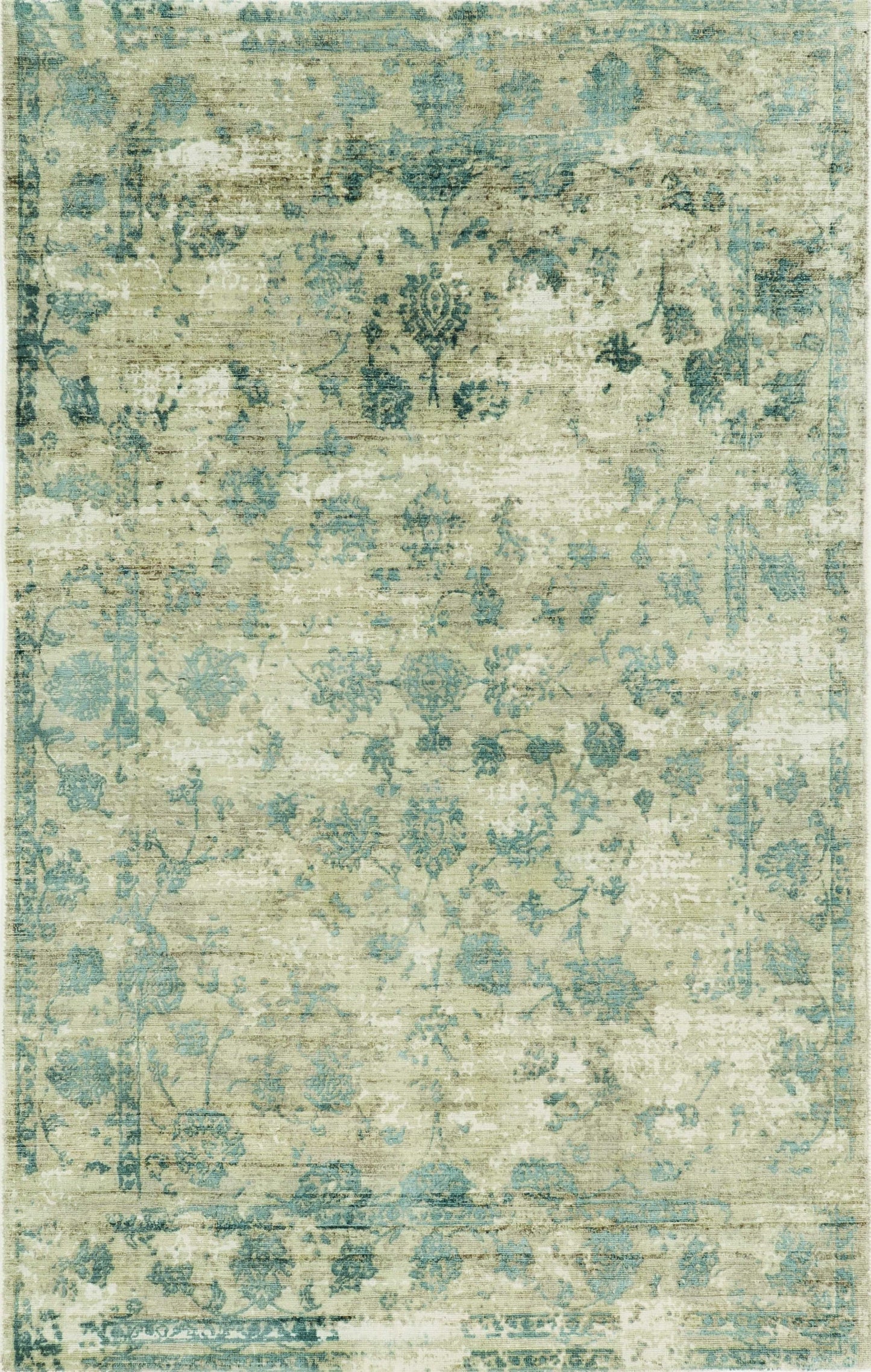 9' X 12' Blue Floral Vines Hand Loomed Distressed Area Rug