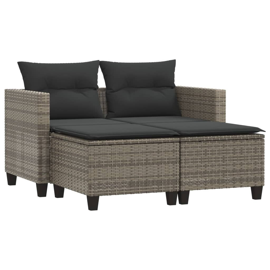 Patio Sofa 2-Seater with Stools Gray Poly Rattan