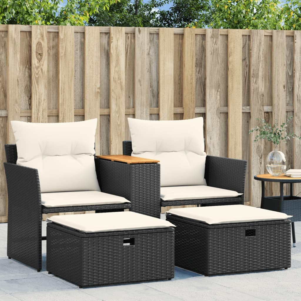 Patio Sofa 2-Seater with Stools Black Poly Rattan