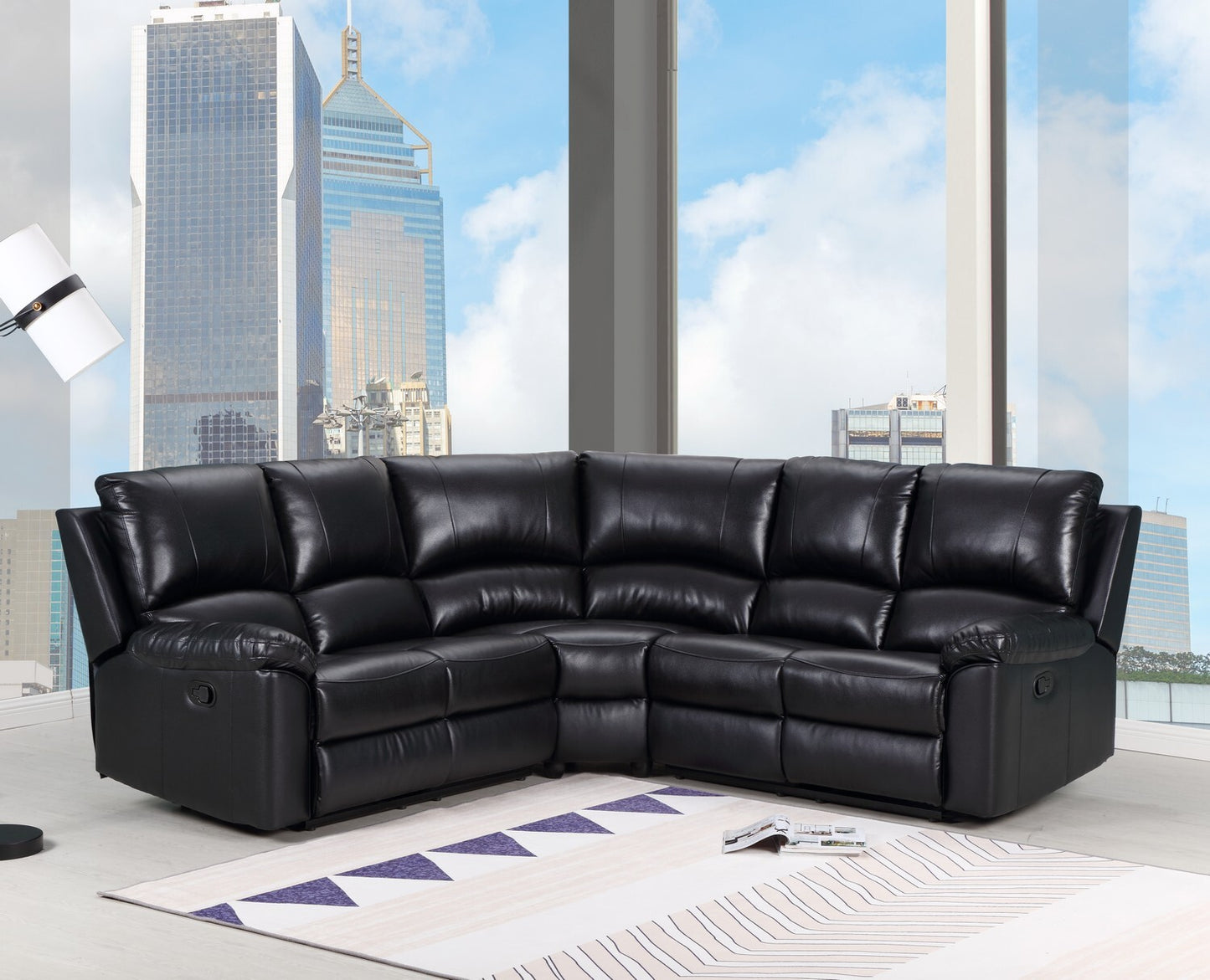 Black Polyester Blend Reclining U Shaped Three Piece Corner Sectional