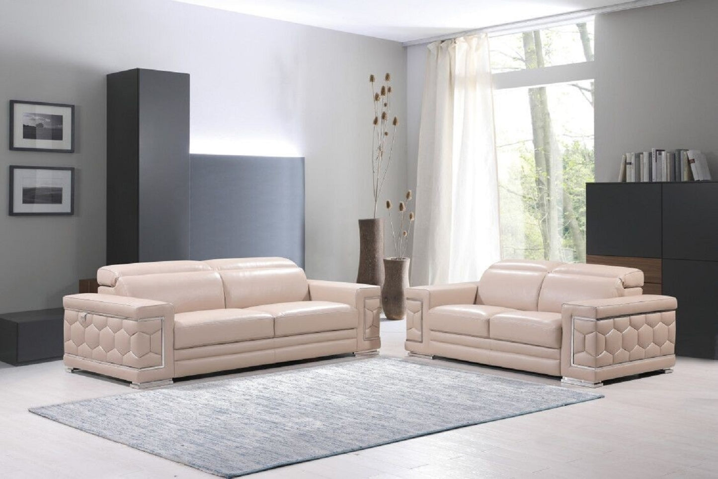 Two Piece Indoor Beige Italian Leather Five Person Seating Set
