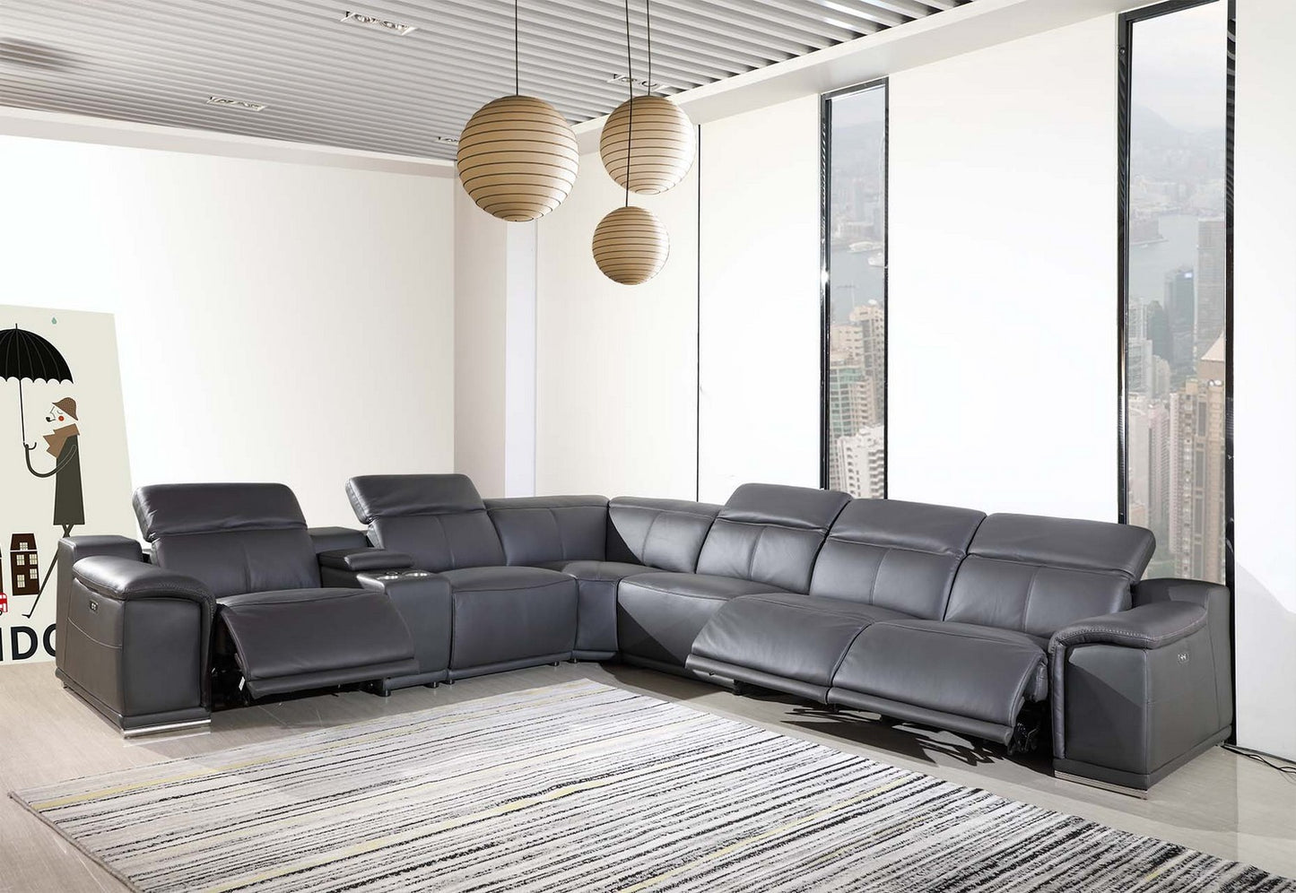 Gray Italian Leather Power Reclining U Shaped Seven Piece Corner Sectional With Console