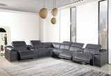 Gray Italian Leather Power Reclining U Shaped Eight Piece Corner Sectional With Console