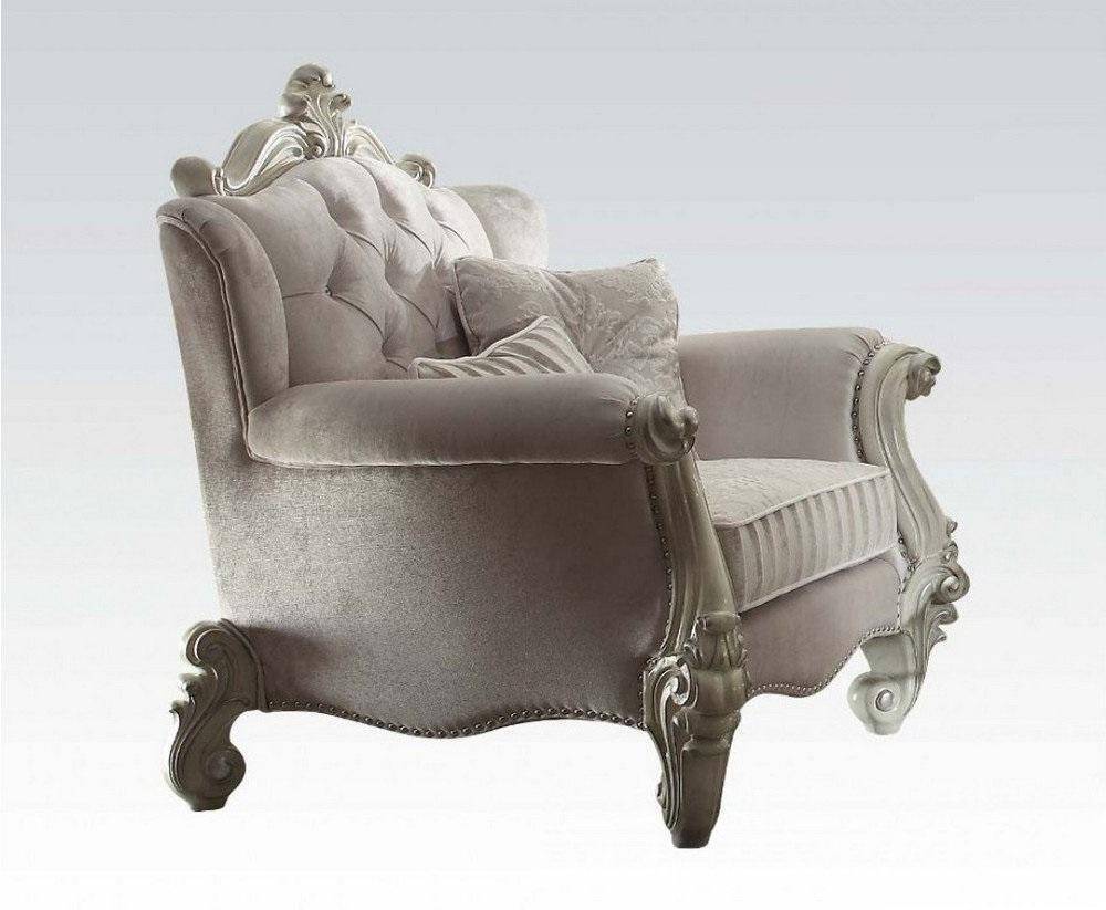 44" Ivory And Antiqued White Fabric Damask Tufted Chair and a Half And Toss Pillows