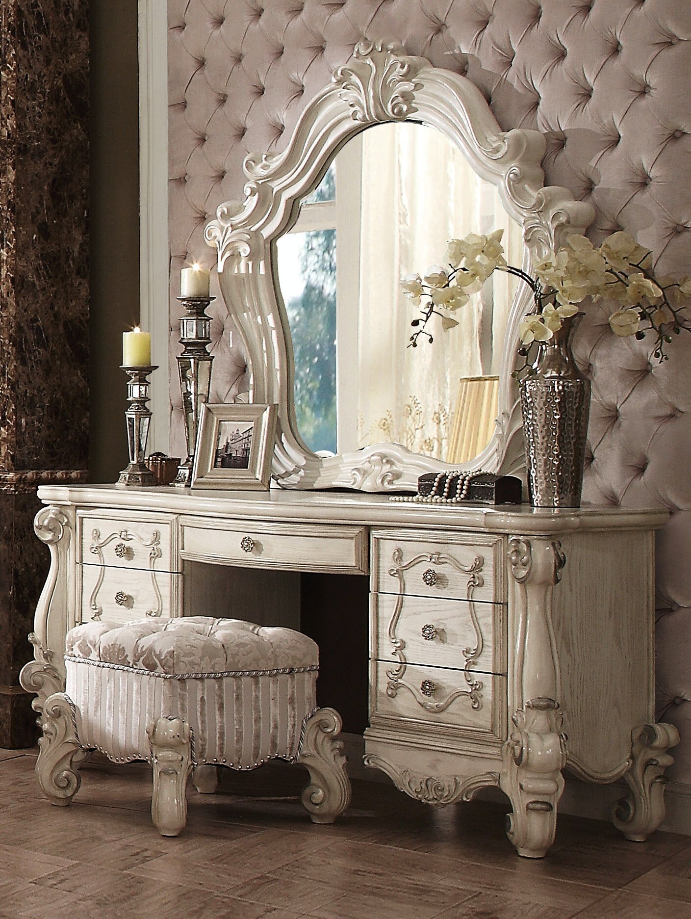 67" White Peninsula Vanity Desk With 7 Drawers