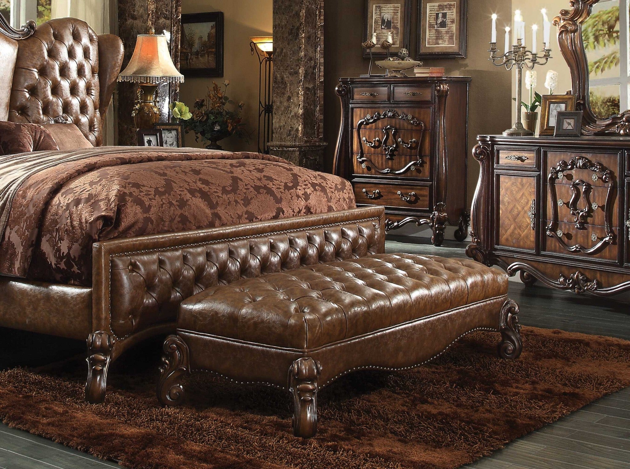 65" Brown Upholstered Faux Leather Bench