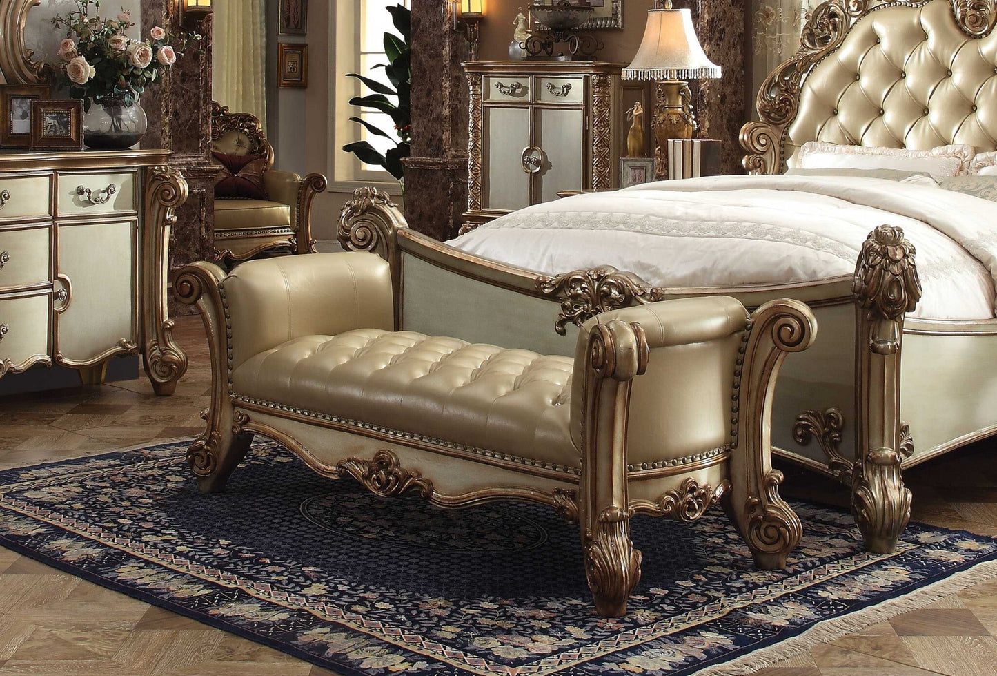 74" Beige and Gold Upholstered Faux Leather Bench