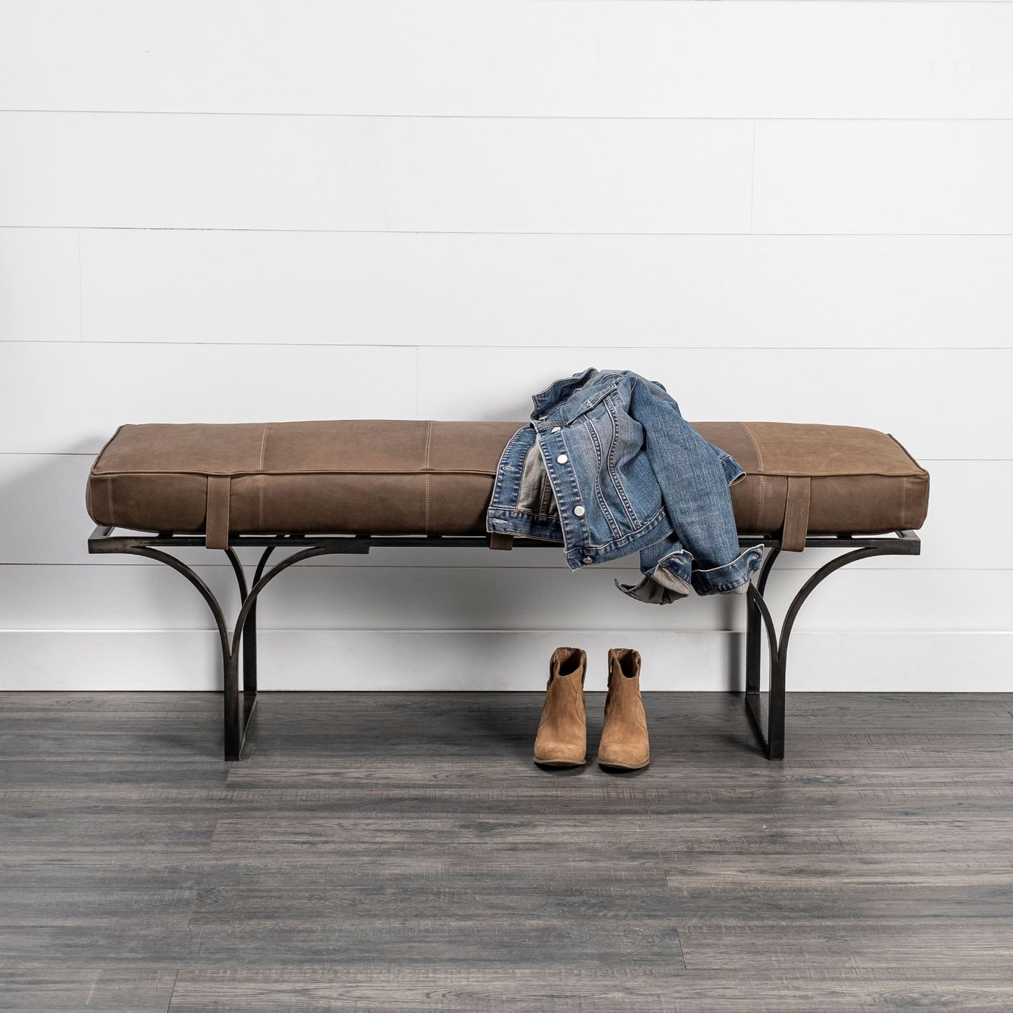 55" Brown and Black Upholstered Genuine Leather Bench